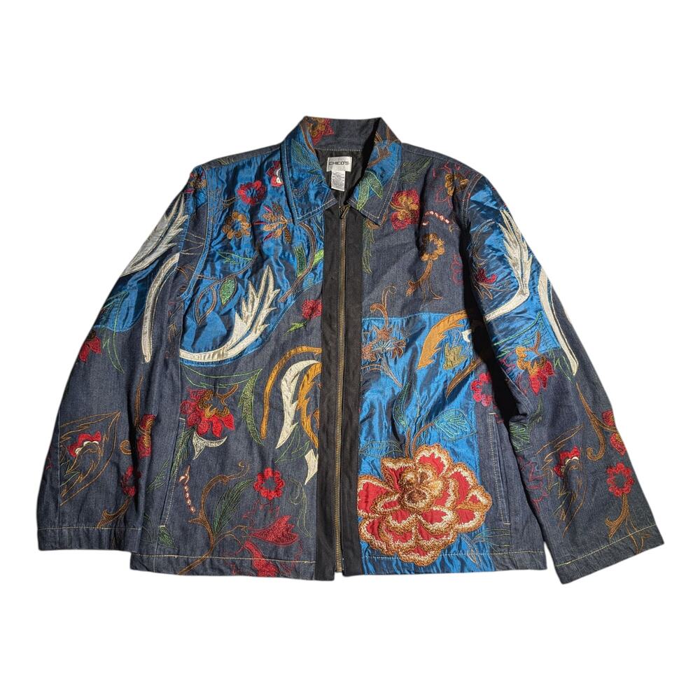 Vtg 1990s Chico's Dark Wash Denim Floral Patchwork Embroidered Zip Up Jacket 1 S